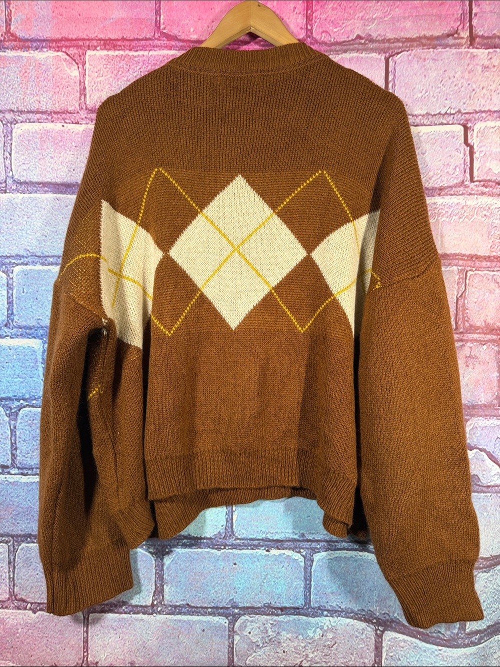 Vintage Argyle Sweater Women’s XXL Brown Crewneck Knit Pullover Grandpa Core - Picture 3 of 7